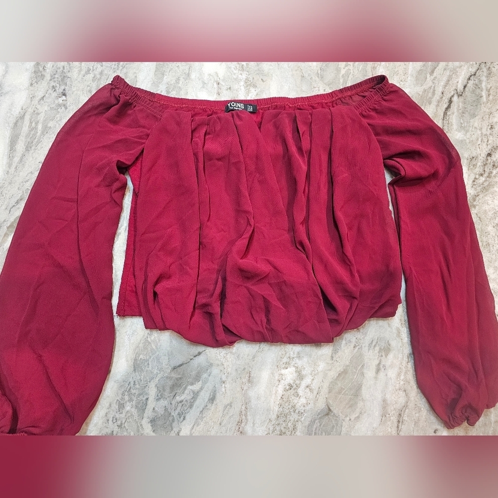 Yoins Burgundy Off Shoulder Peasant Top L Long Sleeve Boho Blouse Stretchy